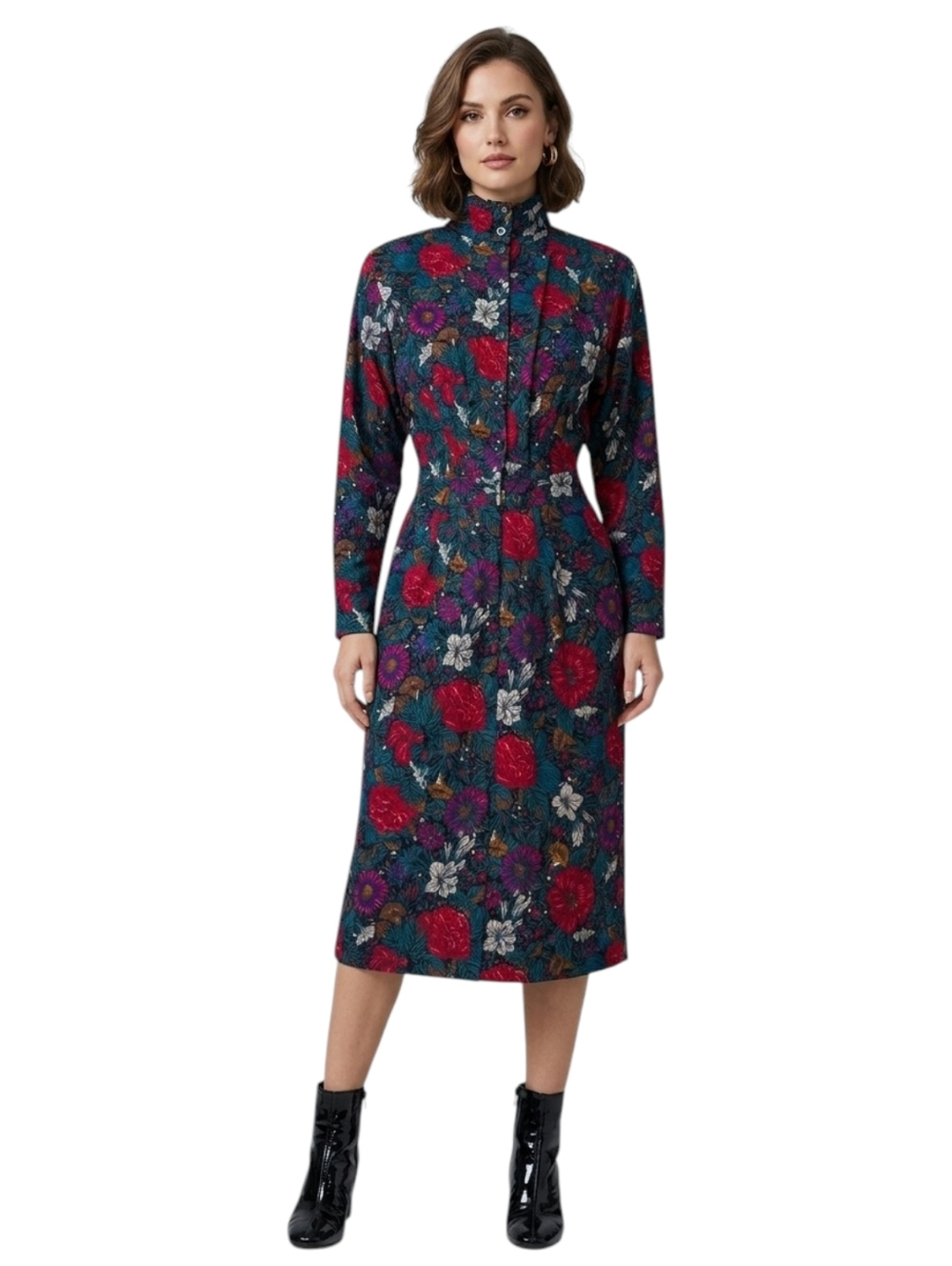 Vintage Wool Silk Floral High Neck Pleated Button Front Midi Dress Size 4 USA